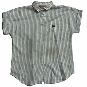 Vintage Sasson Women Blue Striped Collared Button Up Shirt Size Small 8/9